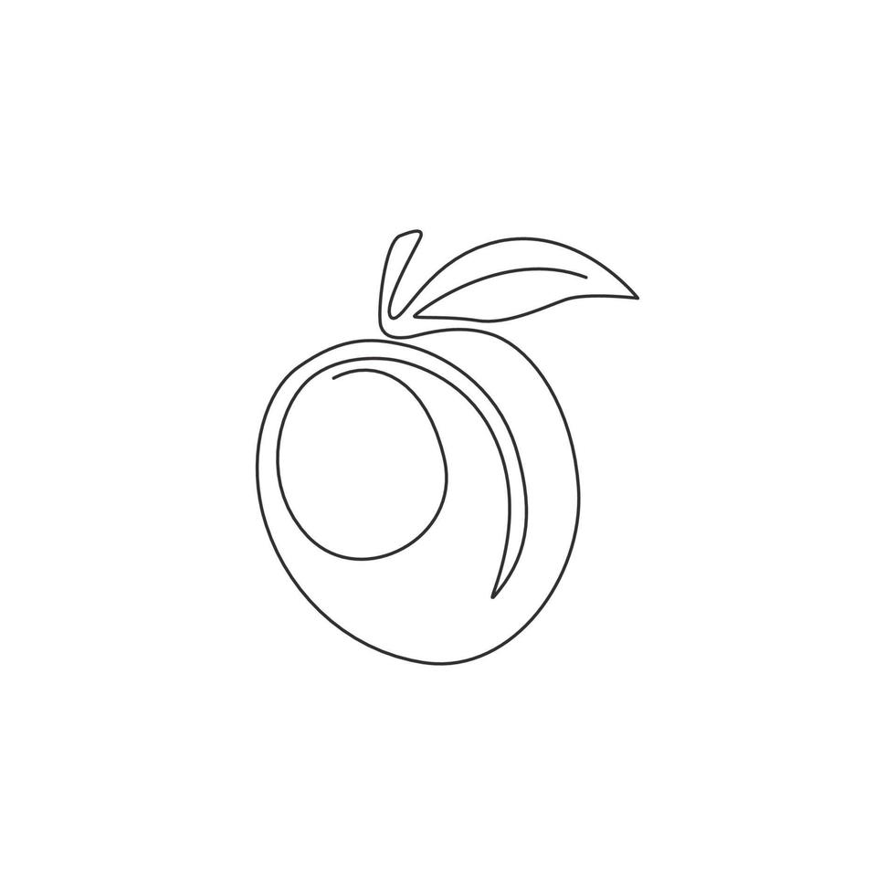 One single line drawing of whole healthy organic apricot for orchard logo identity. Fresh fruitage concept for fruit garden icon. Modern continuous line draw design vector graphic illustration