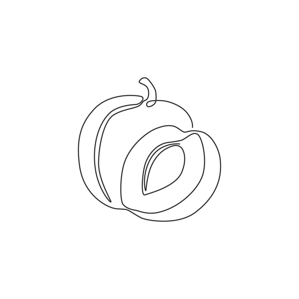 One continuous line drawing of whole and sliced healthy organic plum for orchard logo identity. Fresh fruitage concept for fruit garden icon. Modern single line draw design vector graphic illustration