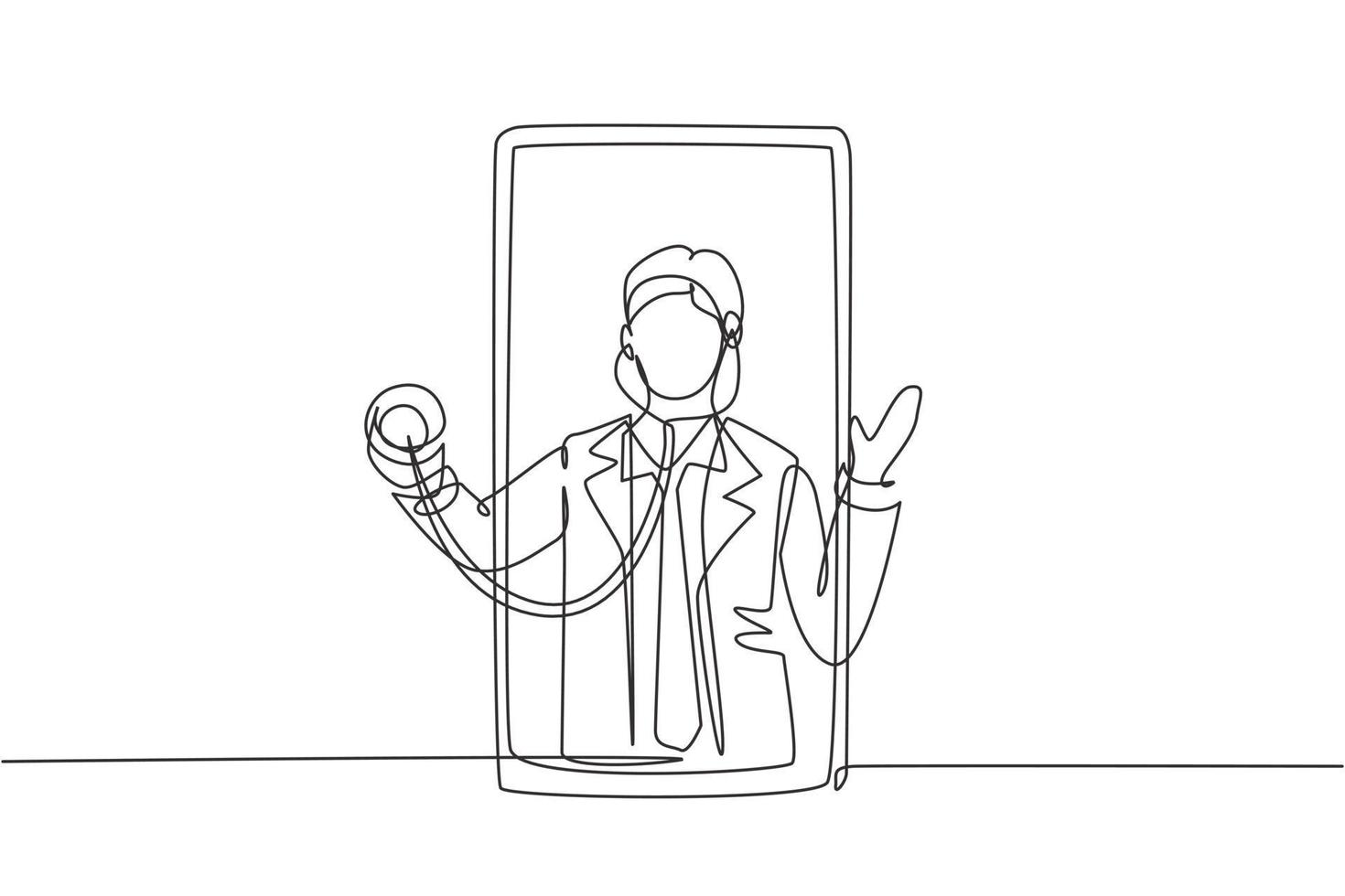 Continuous one line drawing male doctor comes out of smartphone screen holding stethoscope. Online medical services, medical consultation concept. Single line draw design vector graphic illustration