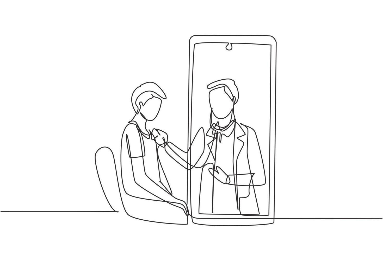 Single continuous line drawing male doctor comes out of smartphone screen and checks male patient's heart rate using a stethoscope sitting on chair. One line draw graphic design vector illustration