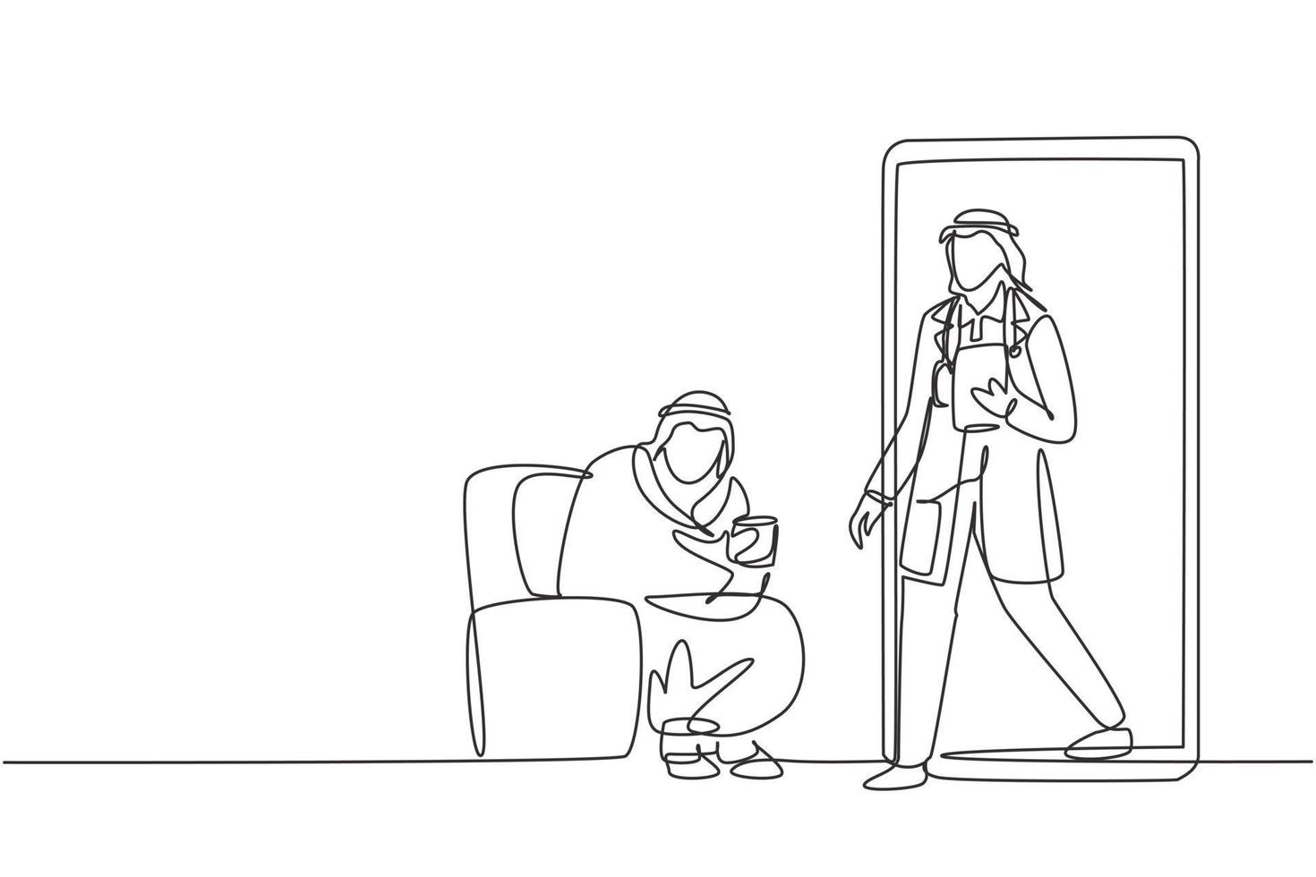 Un solo dibujo de una línea Paciente masculino árabe sentado acurrucado en el sofá, usando una manta, sosteniendo una taza y hay un médico masculino saliendo del teléfono inteligente, sosteniendo el portapapeles. dibujo de línea continua moderna vector