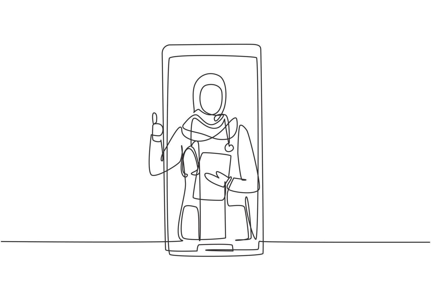 Una doctora hijab de dibujo de una sola línea sale de la pantalla del teléfono inteligente mientras hace un gesto de pulgar hacia arriba. consulta médica online. Ilustración de vector gráfico de diseño de dibujo de línea continua moderna