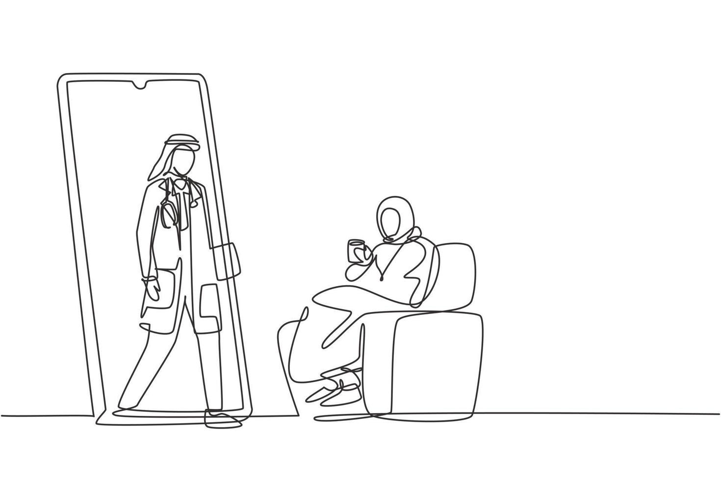 Single one line drawing hijab female patient sitting curled up on sofa, using blanket, holding mug and there is male doctor walking out of smartphone, holding clipboard. Modern continuous line draw vector