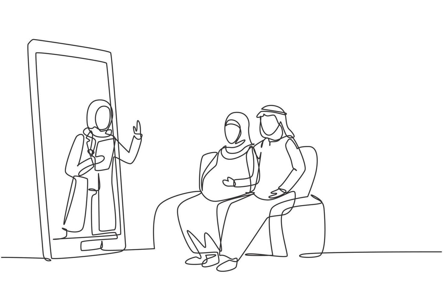 Continuous one line drawing hijab female doctor comes out from smartphone screen facing patient and gives consultation to patient young couple with pregnant wife. Single line design vector graphic