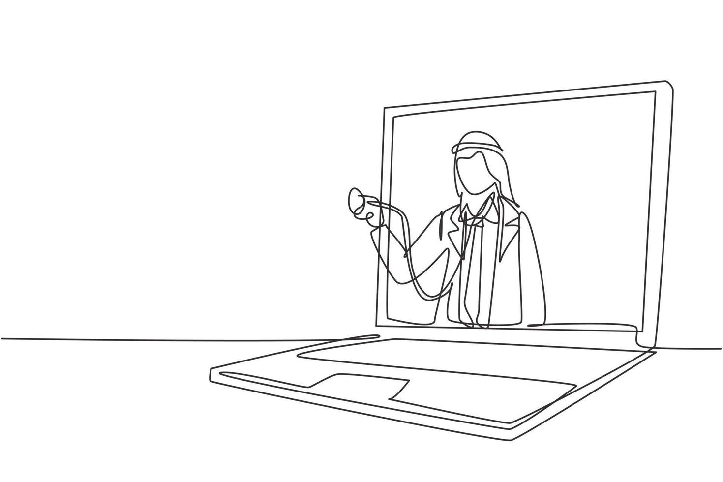 Un médico árabe de dibujo continuo de una línea sale de la pantalla del portátil sosteniendo un estetoscopio. servicios médicos en línea, concepto de consulta médica. Ilustración gráfica de vector de diseño de dibujo de una sola línea