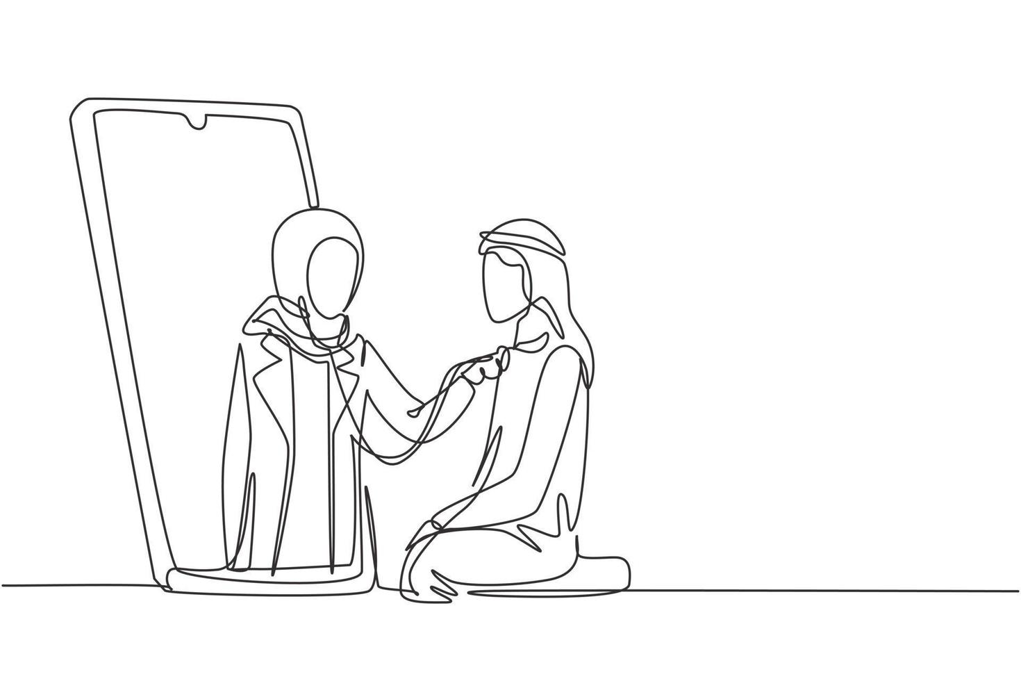 Single continuous line drawing hijab female doctor comes out of smartphone screen and checks male patient's heart rate using stethoscope sitting on chair. One line graphic design vector illustration