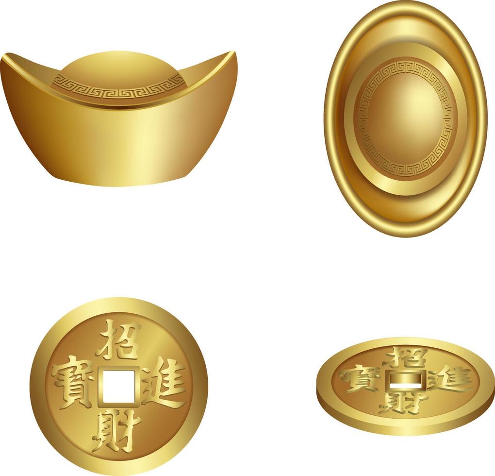 elementos del año nuevo chino. lingotes y monedas de oro aislado vector