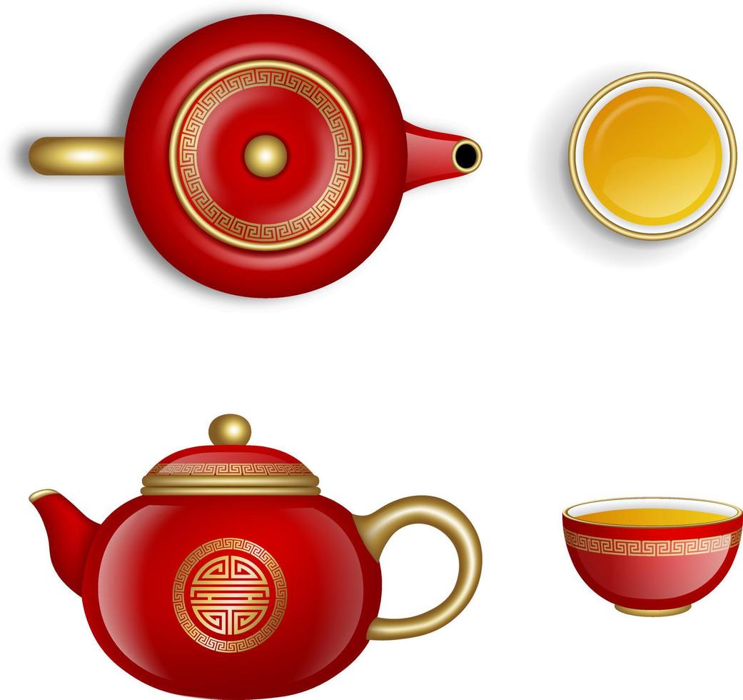 elementos del año nuevo chino. teteras chinas aisladas rojas y doradas y tazas de té. vista superior y lateral vector