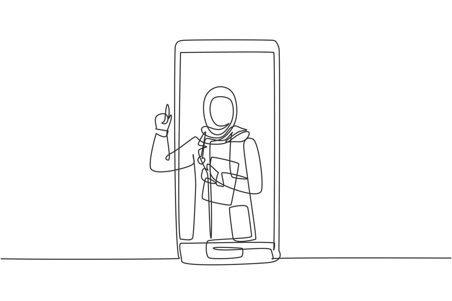 Una línea continua de dibujo de una doctora hijab sale de la pantalla del teléfono inteligente sosteniendo el portapapeles. servicios médicos online, consulta médica. Ilustración gráfica de vector de diseño de dibujo de una sola línea