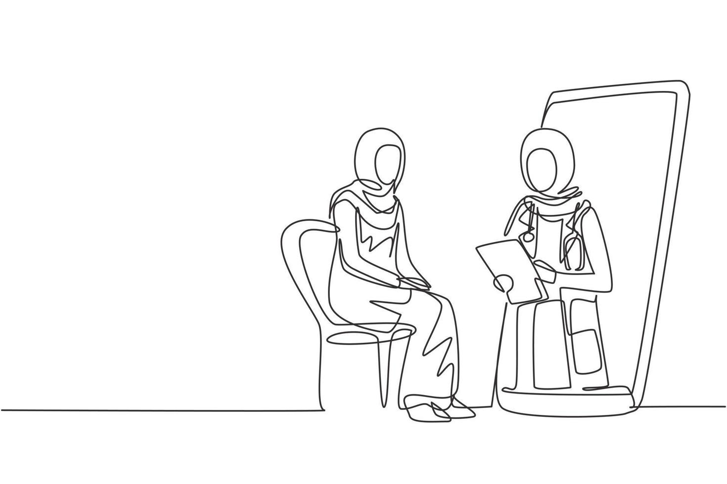 Continuous one line drawing hijab female doctor holding clipboard checking condition of Arab female patient sitting on chair. Online consultation. Single line draw design vector graphic illustration