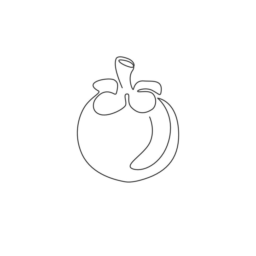 Single continuous line drawing whole round healthy organic mangosteen for orchard logo identity. Fresh fruitage concept for fruit garden icon. Modern one line draw design vector graphic illustration