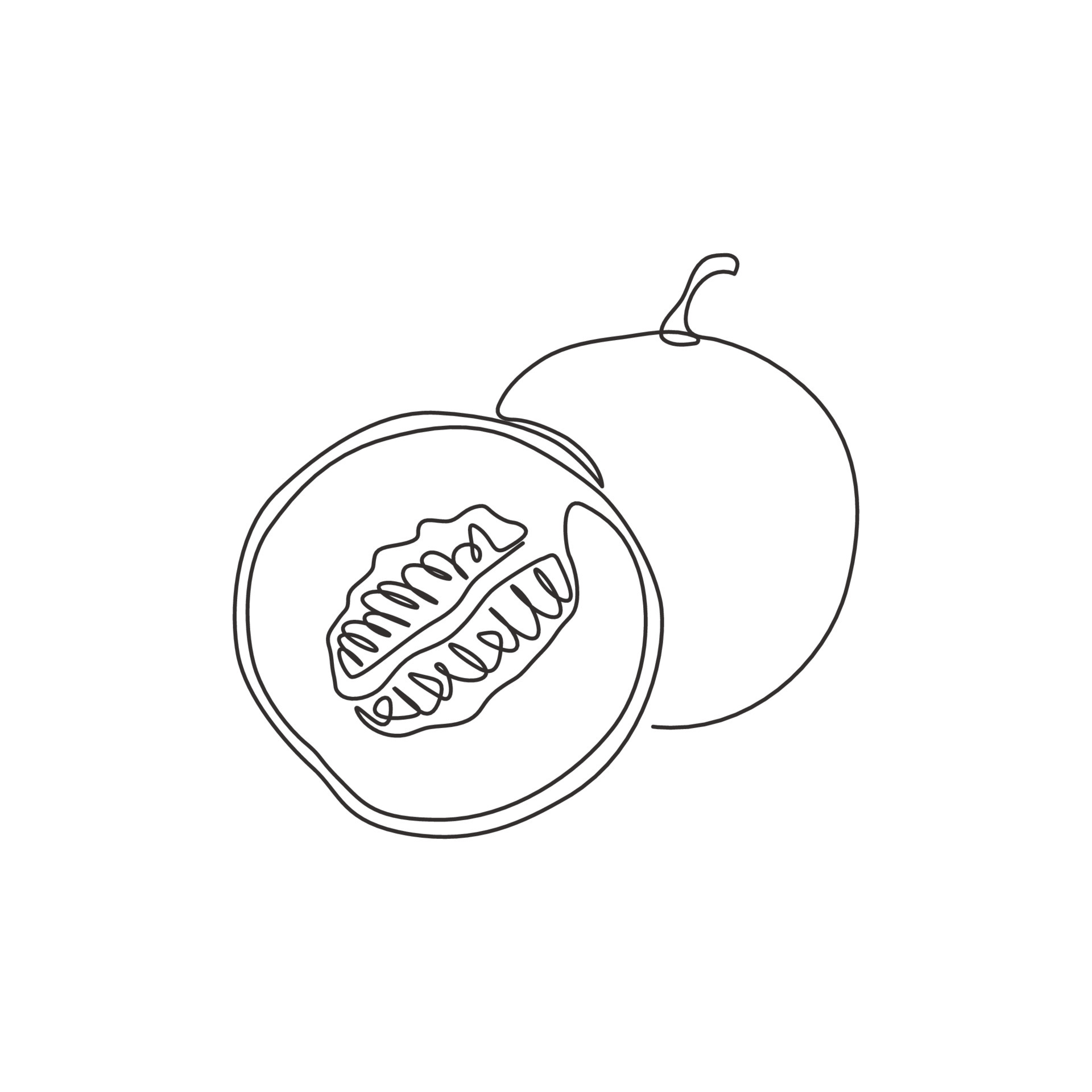 One continuous line drawing of whole and half sliced healthy organic