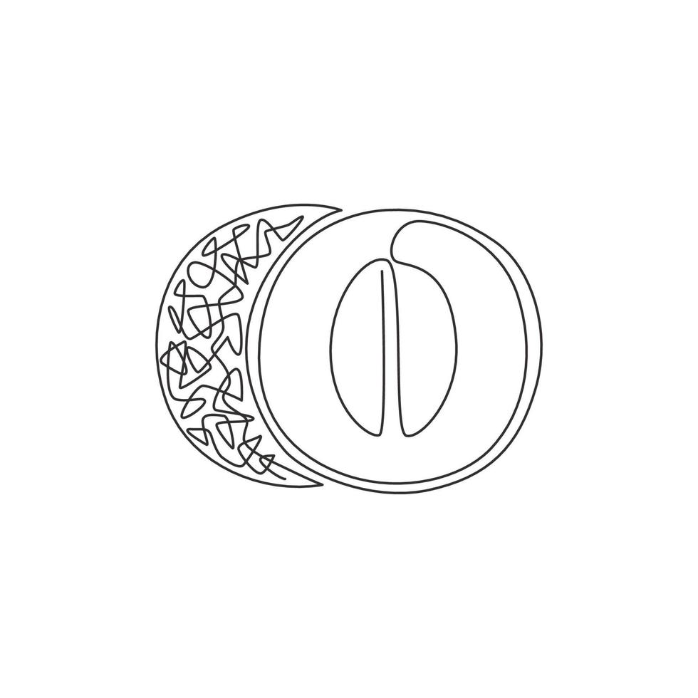 Single continuous line drawing of whole and half sliced healthy organic melon for orchard logo identity. Fresh fruitage concept for fruit garden icon. Modern one line draw design vector illustration
