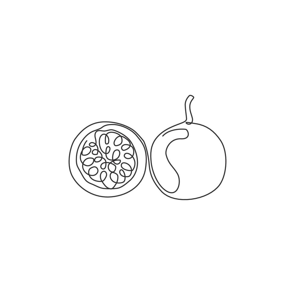 One continuous line drawing whole healthy organic passion fruit for orchard logo identity. Fresh summer fruits concept for fruit garden icon. Modern single line draw design graphic vector illustration