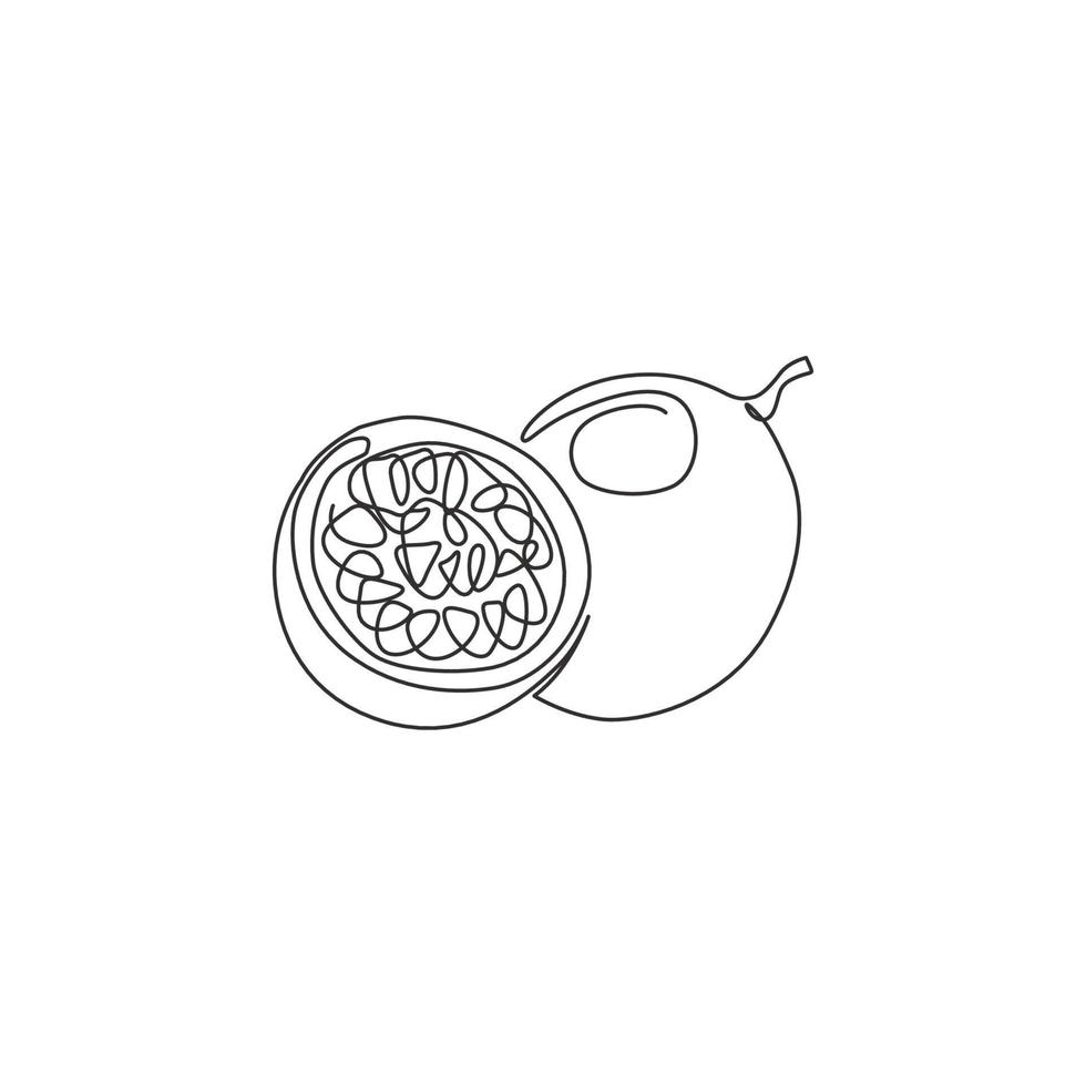 One single line drawing of whole healthy organic passion fruit for orchard logo identity. Fresh tropical fruitage concept for fruit garden icon. Modern continuous line draw design vector illustration