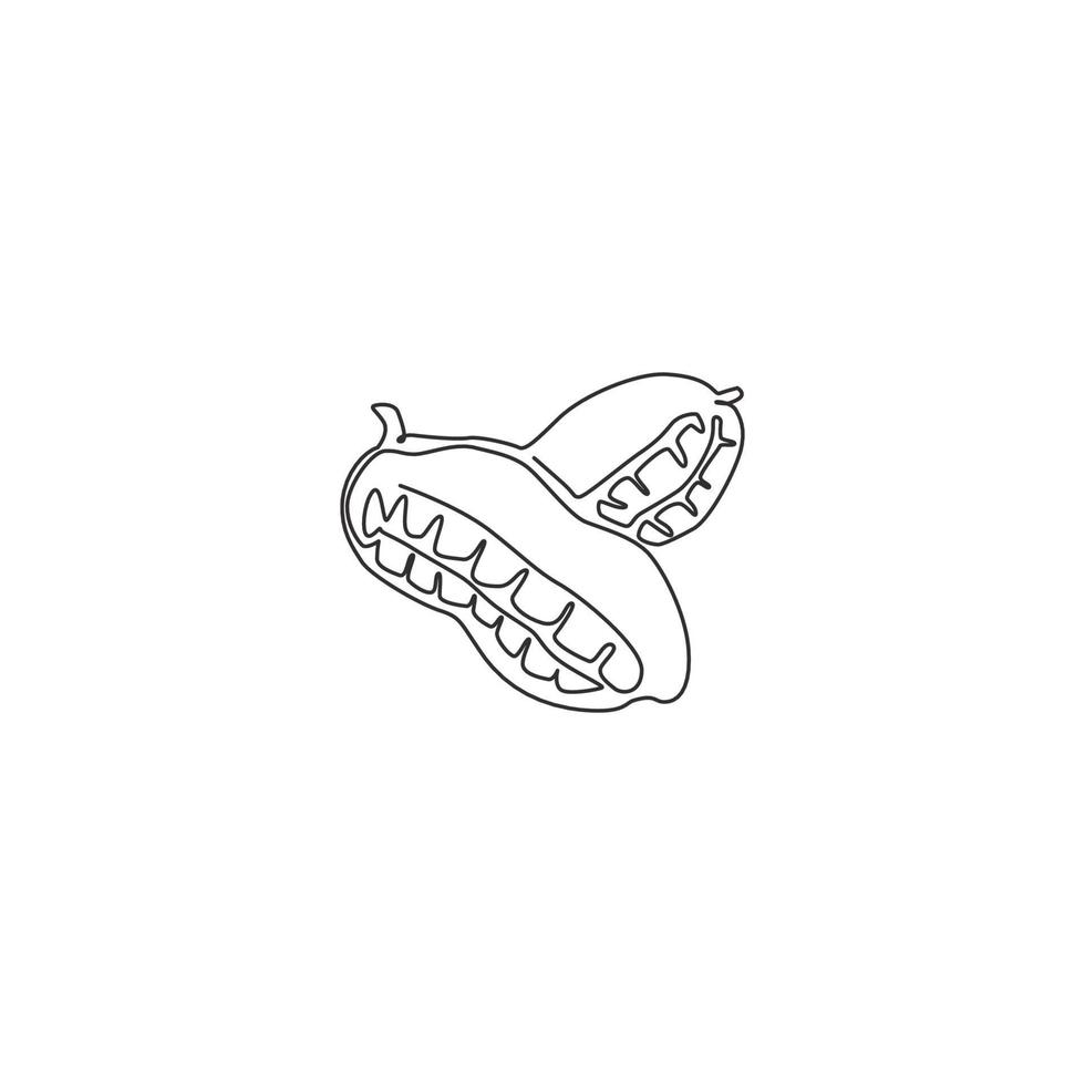 un dibujo de una sola línea de maní orgánico y saludable para la identidad del logotipo de la granja. concepto de cacahuete fresco para el icono de semillas comestibles. Ilustración gráfica de vector de diseño de dibujo de línea continua moderna