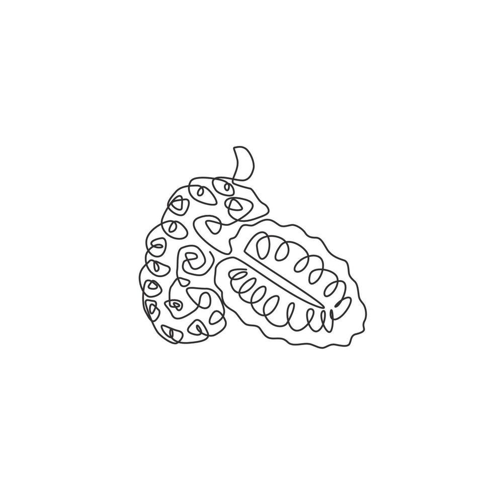 One continuous line drawing of whole and half sliced healthy organic noni for logo identity. Fresh morinda citrifolia concept for fruit garden icon. Modern single line draw design vector illustration