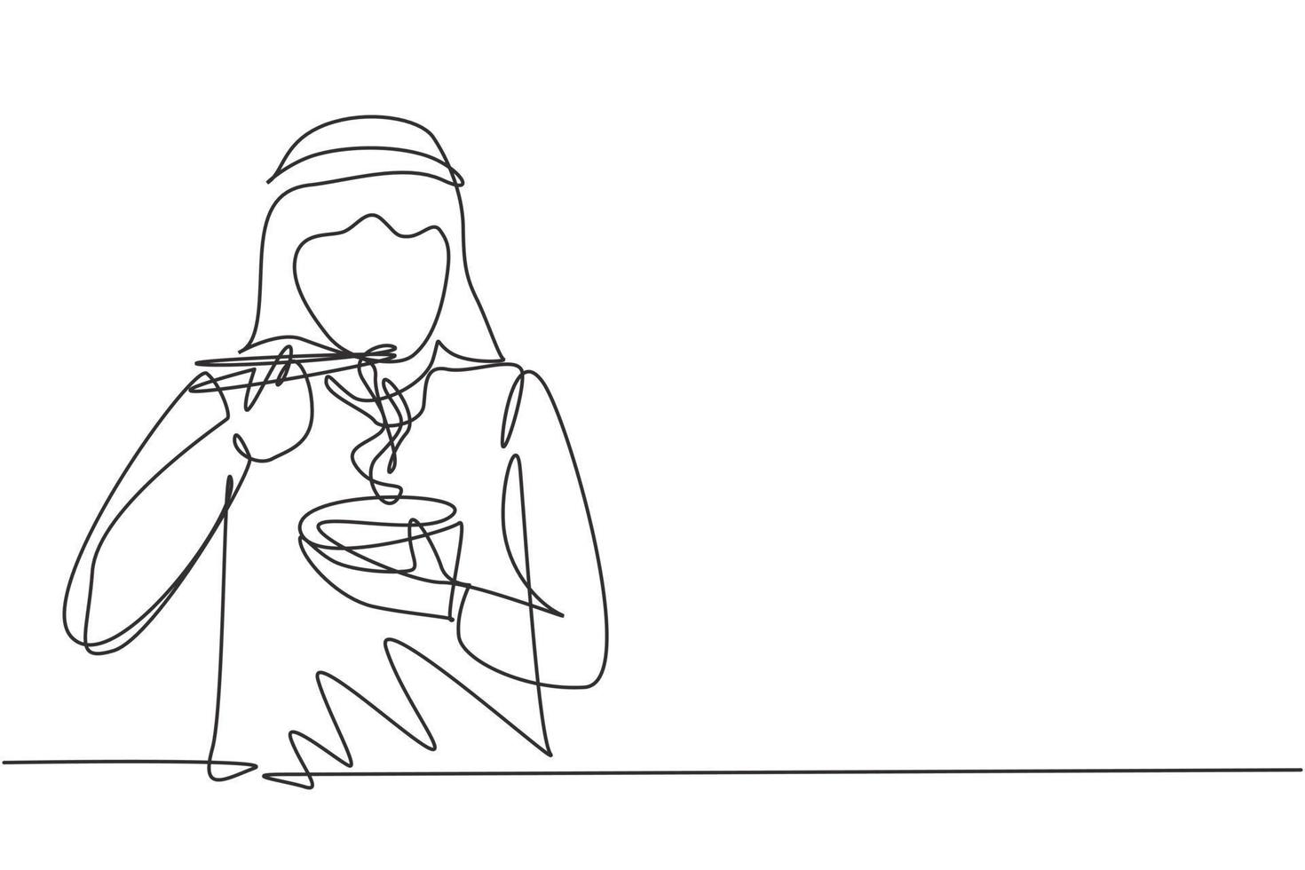 Continuous one line drawing young Arabian man having noodles meal with chopsticks around table. Enjoy lunch when hungry. Delicious and healthy food. Single line draw design vector graphic illustration