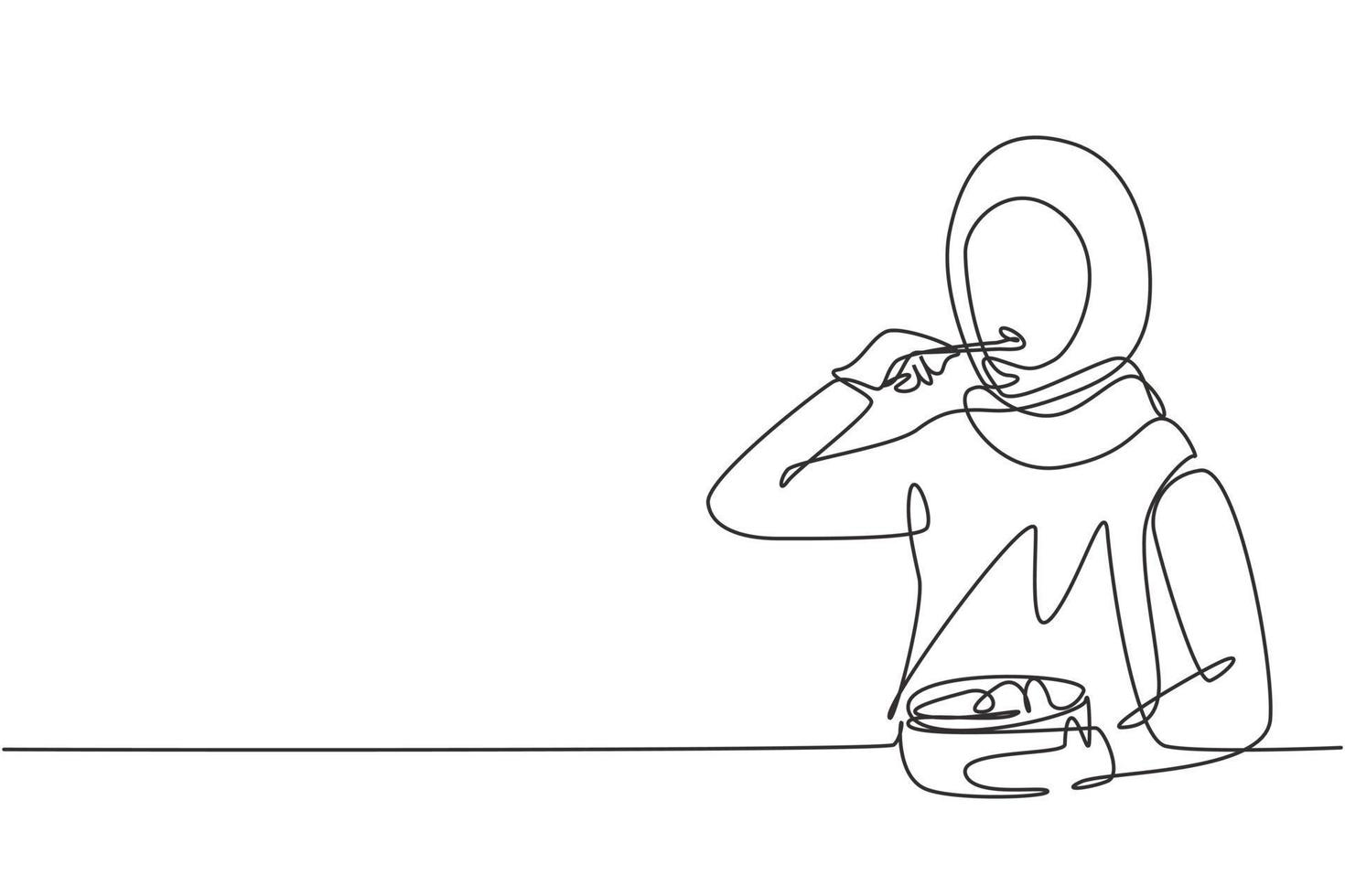 Single continuous line drawing young girl having salad meal with spoon and bowl. Happy and enjoy breakfast at home. Delicious, healthy and tasty food. One line draw graphic design vector illustration