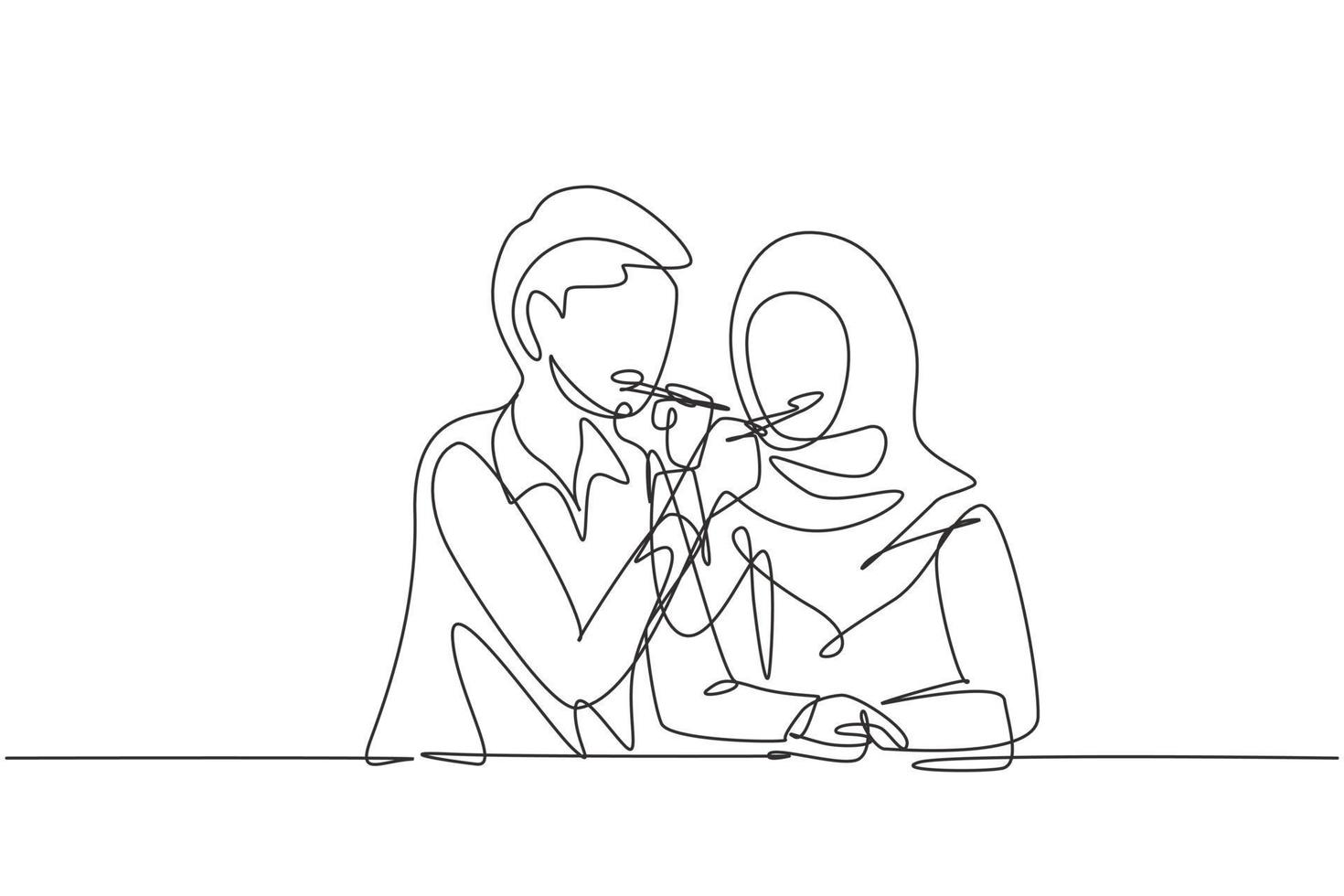 Single continuous line drawing romantic Arabian couple feeding each other. Having fun dinner together at restaurant. Celebrate wedding anniversaries. One line draw graphic design vector illustration