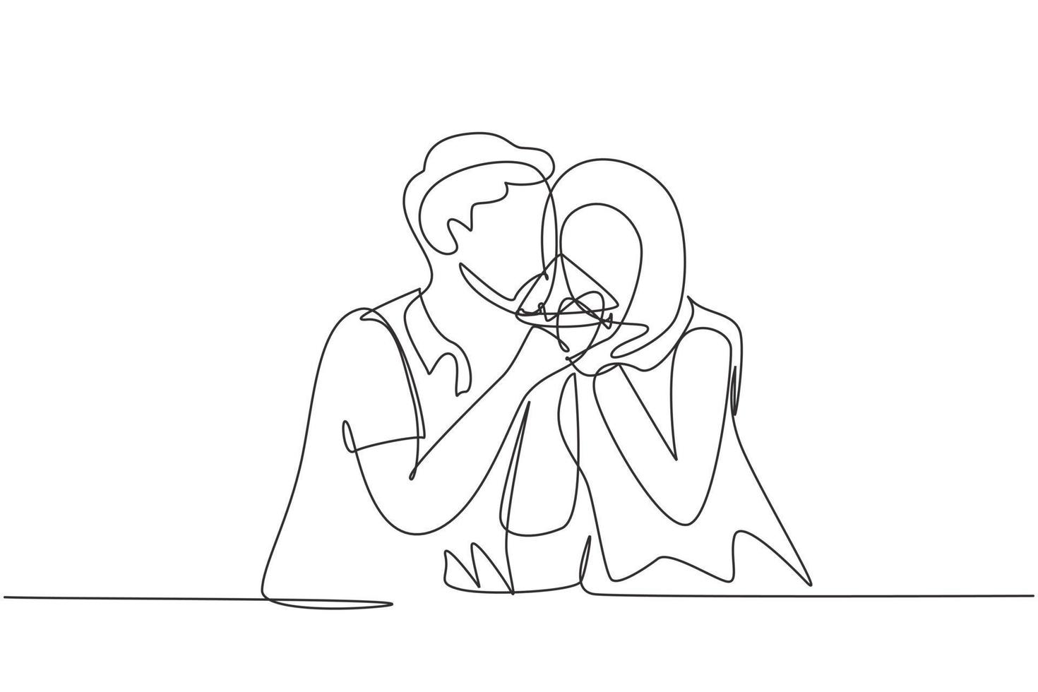 Single one line drawing young Arabian couple sharing pizza cut. Celebrate anniversaries and enjoy romantic lunch at modern restaurant. Modern continuous line draw design graphic vector illustration