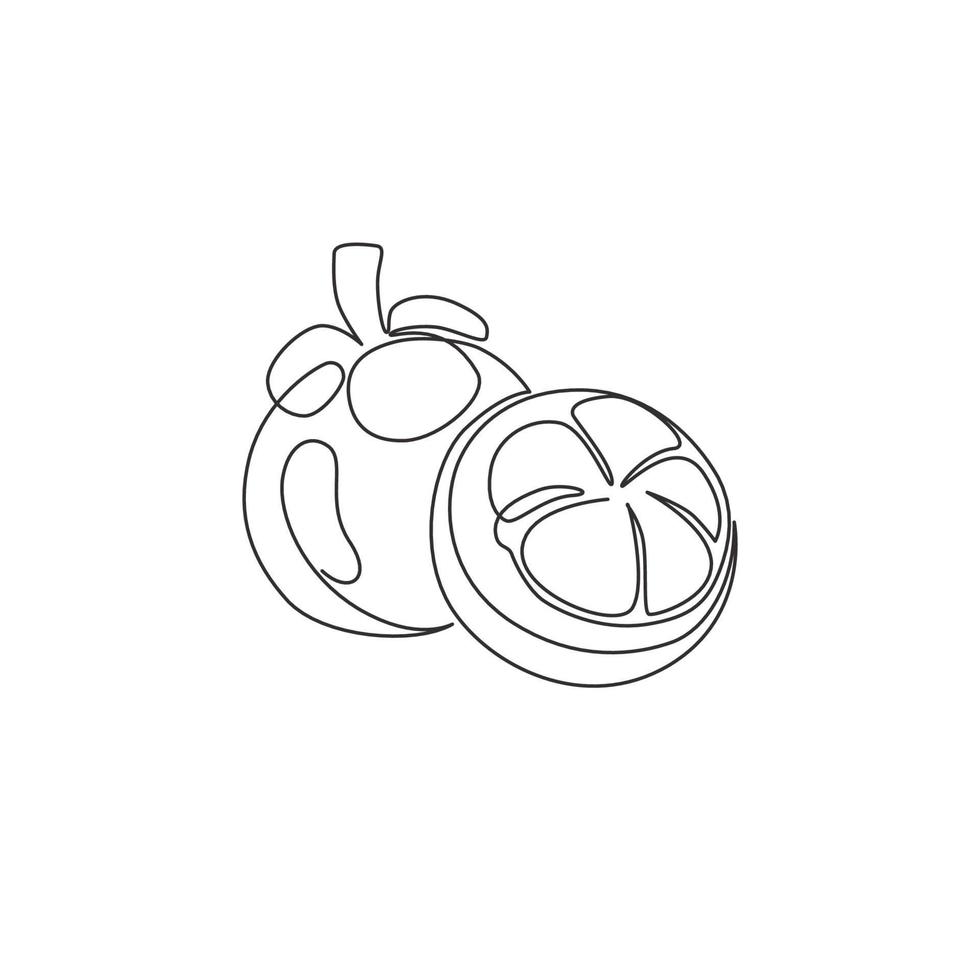 One single line drawing whole and half sliced healthy organic mangosteen for orchard logo identity. Fresh concept for fruit garden icon. Modern continuous line draw design graphic vector illustration
