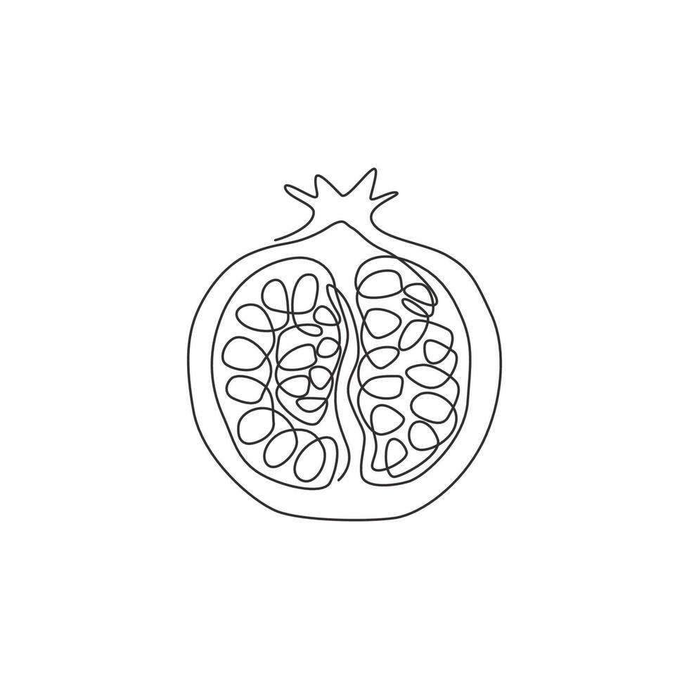 One single line drawing of half sliced healthy organic pomegranate for orchard logo identity. Fresh  fruitage seed concept for fruit garden icon. Modern continuous line draw design vector illustration