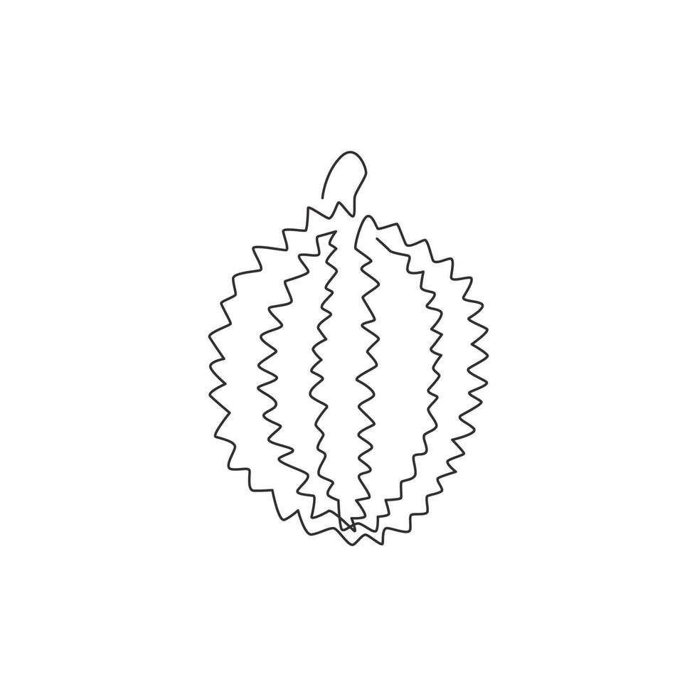 One continuous line drawing whole healthy organic durian for orchard logo identity. Fresh exotic thai fruitage concept for fruit garden icon. Modern single line draw design graphic vector illustration