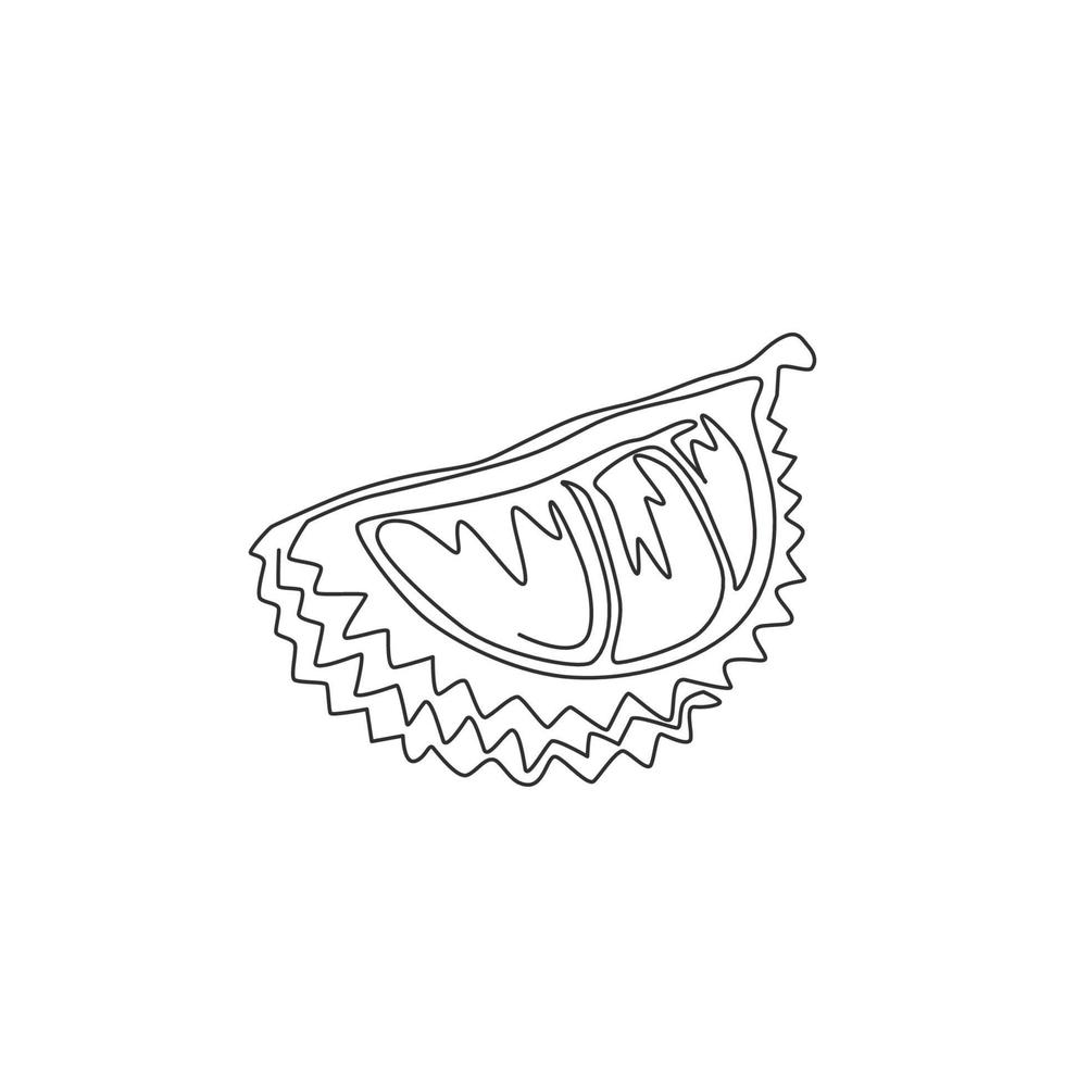 One single line drawing of segment sliced healthy organic durian for orchard logo identity. Fresh tropical fruit concept for garden icon. Modern continuous line draw graphic design vector illustration