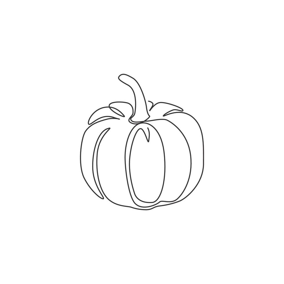 un dibujo de línea continua de calabaza orgánica sana y redonda para la identidad del logotipo de huerto. concepto de fruitage de otoño fresco para el icono de jardín de frutas. Ilustración de vector de diseño de dibujo de línea única moderna