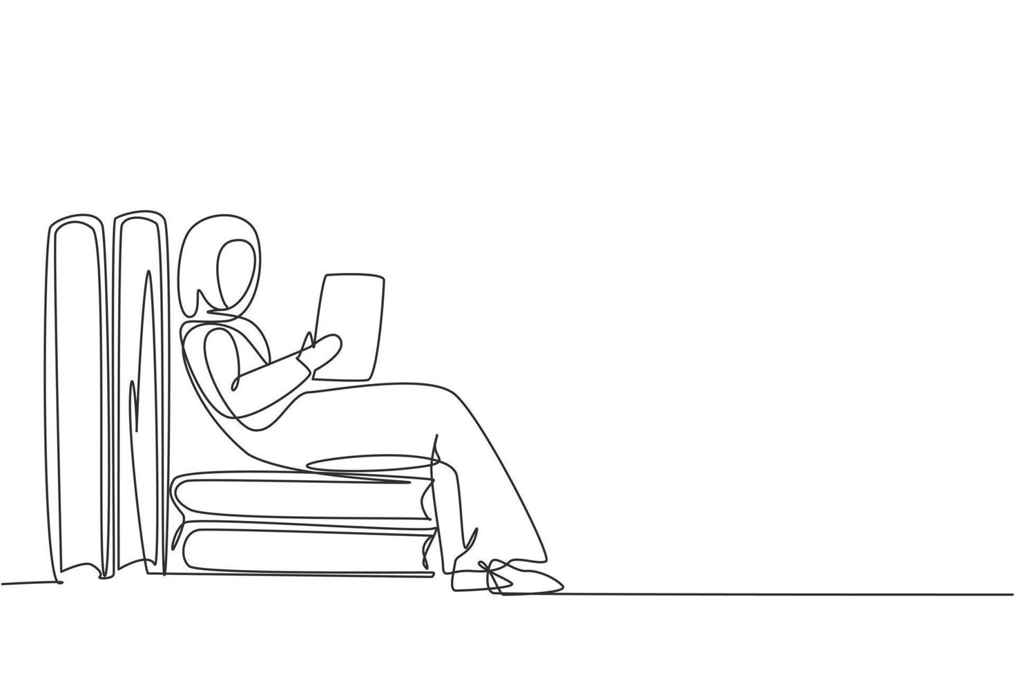 Continuous one line drawing young Arab woman reading, learning, sitting and backrest on pile of big books. Study at home. Smart student, education. Single line draw design vector graphic illustration