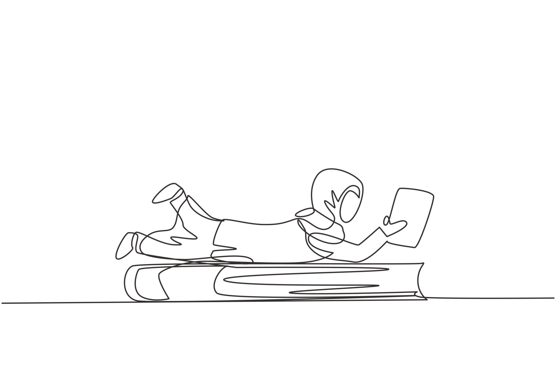 Single one line drawing Arab little girl reading, learning and laying