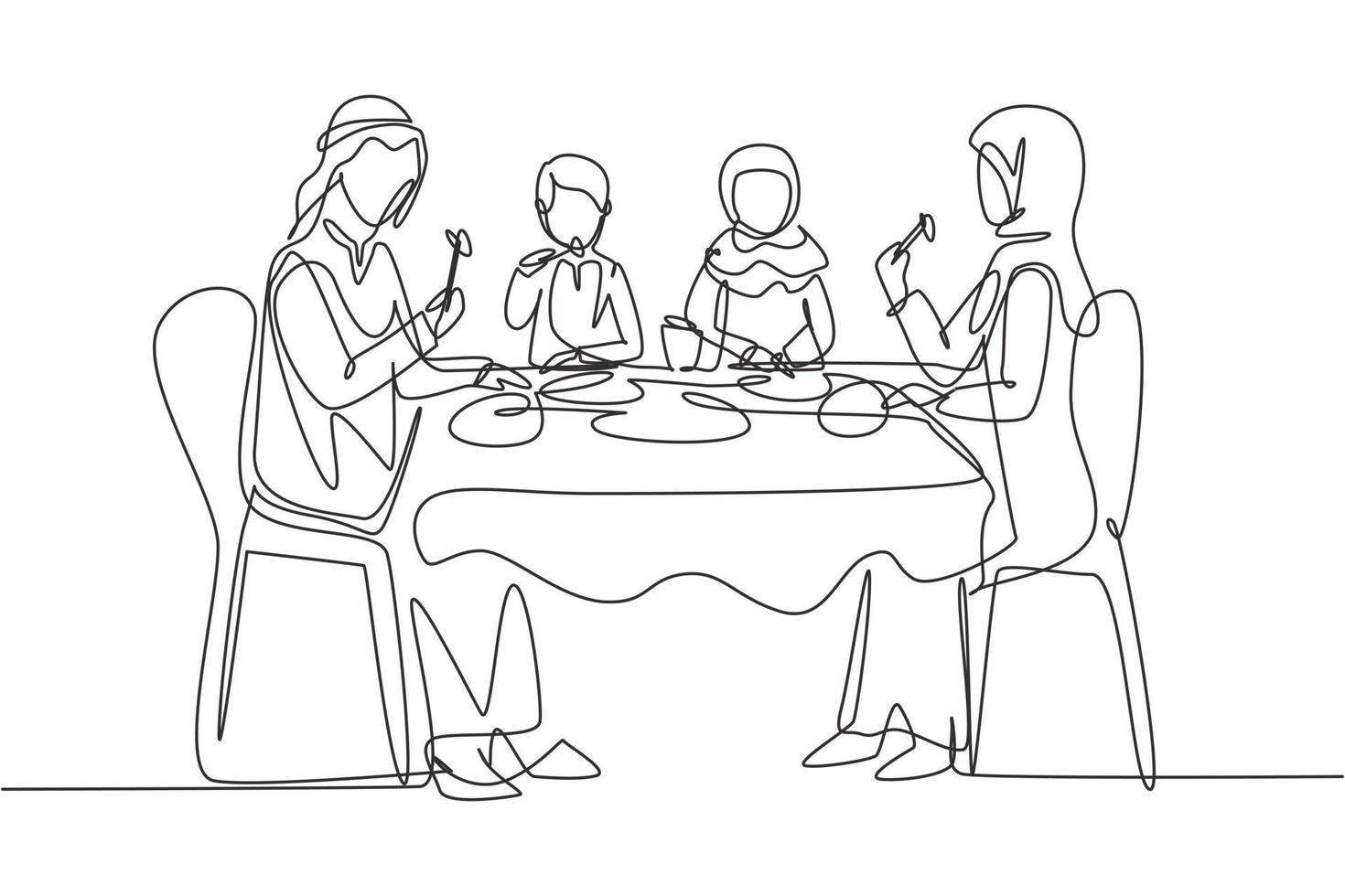 Continuous one line drawing Arabian family eating meal around kitchen table. Happy daddy, mom and two kids sitting eating healthy lunch in home. Single line draw design vector graphic illustration