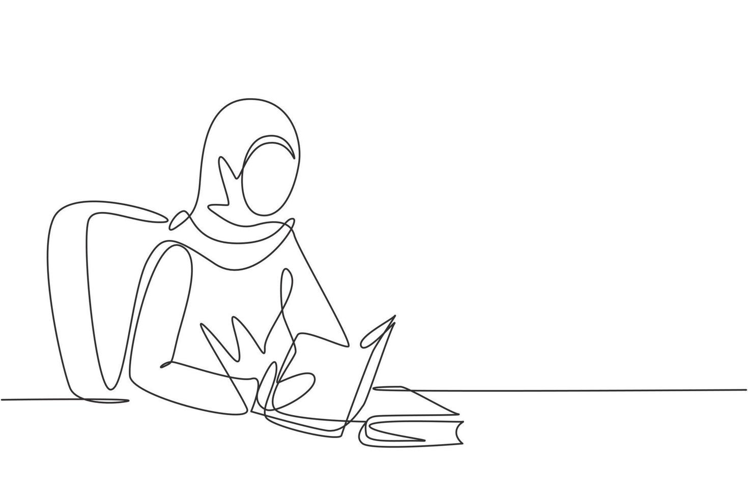 Single continuous line drawing Arabian woman reading, learning and sitting on chair around table. Study in library. Smart student, education concept. One line draw graphic design vector illustration