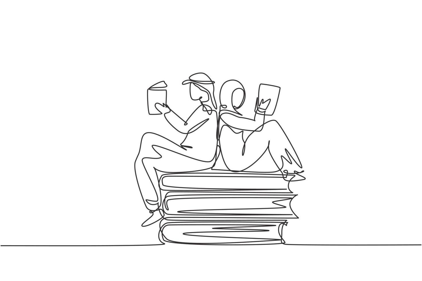 dibujo de una sola línea estudiantes árabes mujer y hombre leyendo, aprendiendo y sentado en libros grandes. estudiar en biblioteca. aficionados o amantes de la literatura. Ilustración de vector gráfico de diseño de dibujo de línea continua