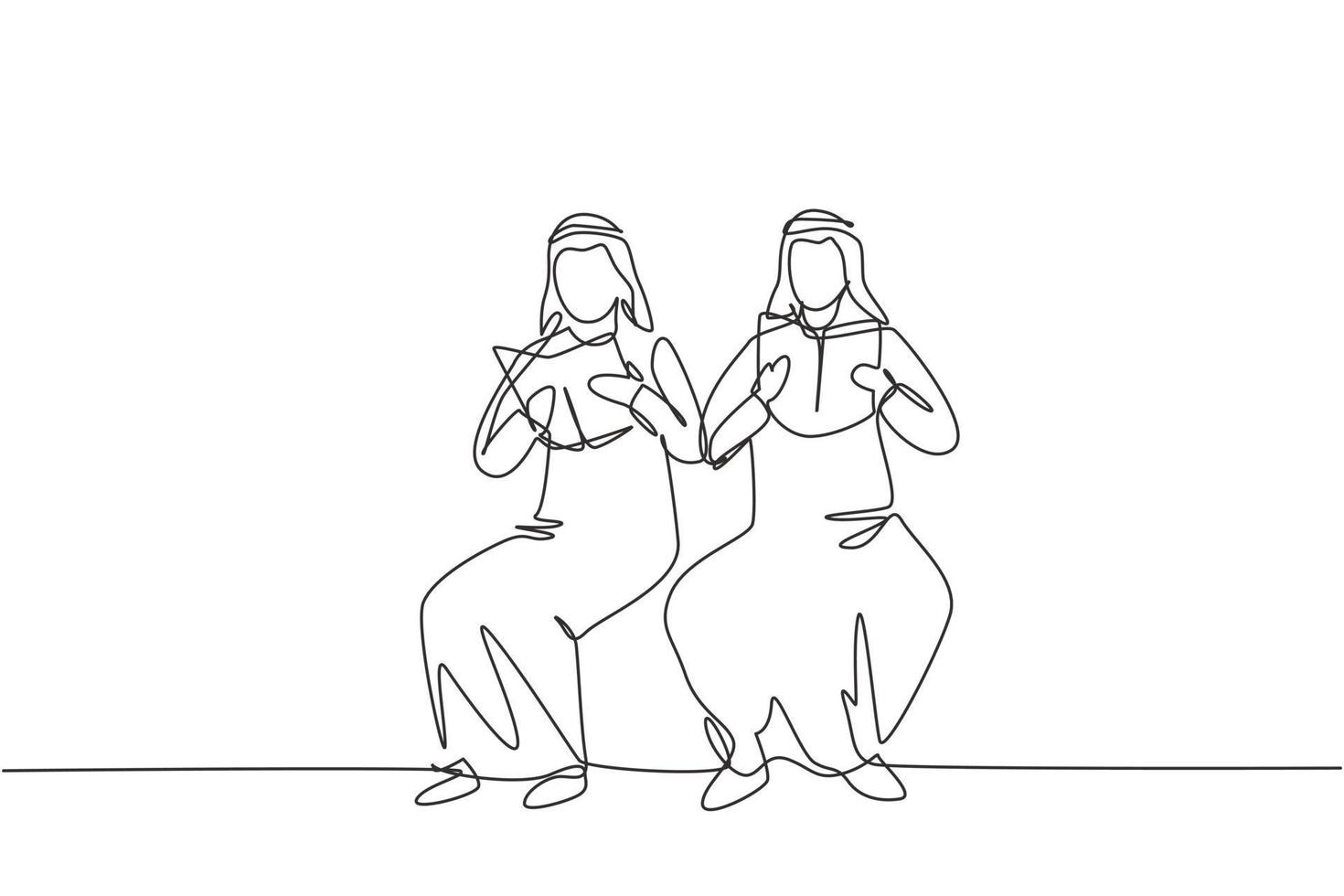Continuous one line drawing two Arabian male students reading, learning and sitting together. Study in library. Literature fans, education concept. Single line draw design vector graphic illustration