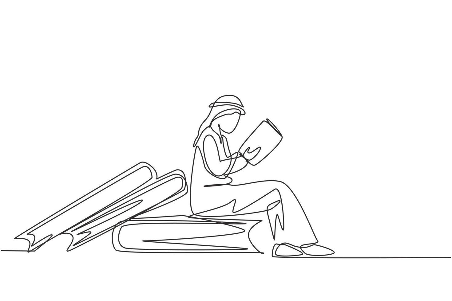 Single one line drawing young Arab student male reading, learning and sitting on big books. Study in library. Literature fans or lovers. Modern continuous line draw design graphic vector illustration