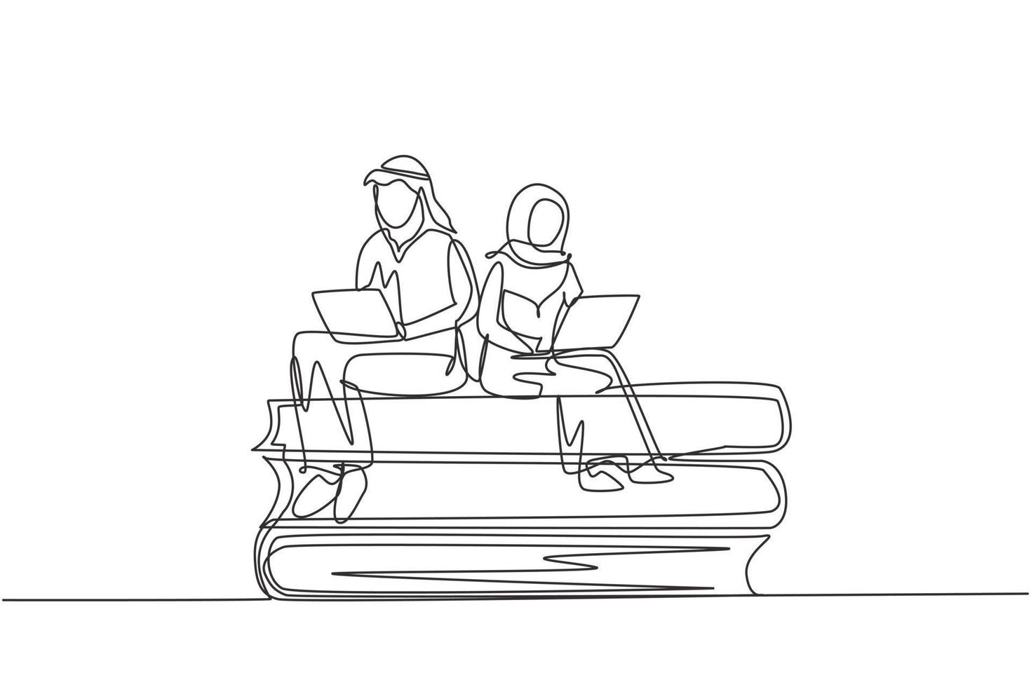 Single continuous line drawing Arabian couple with laptop sitting on pile of books together. Freelance, distance learning, online courses, studying. One line draw graphic design vector illustration