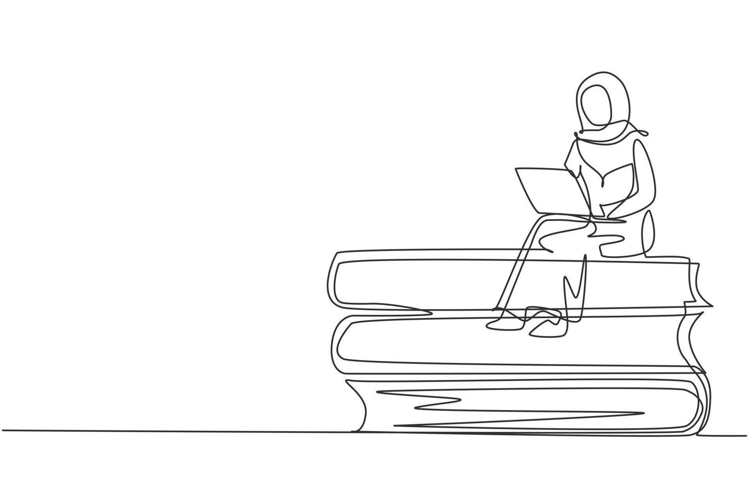 Continuous one line drawing Arabian female studying with laptop and sitting on pile of big books. Back to campus, intelligent student, online education. Single line design vector graphic illustration