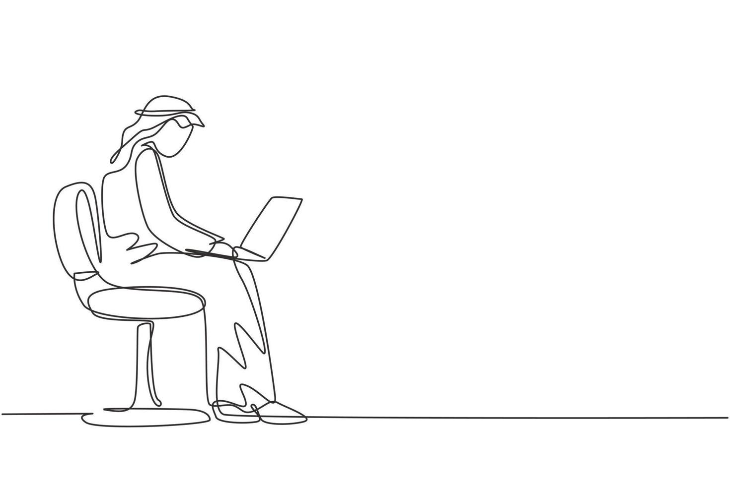 Continuous one line drawing young Arabian man with laptop sitting on the chair. Freelance, distance learning, online courses, and studying concept. Single line draw design vector graphic illustration