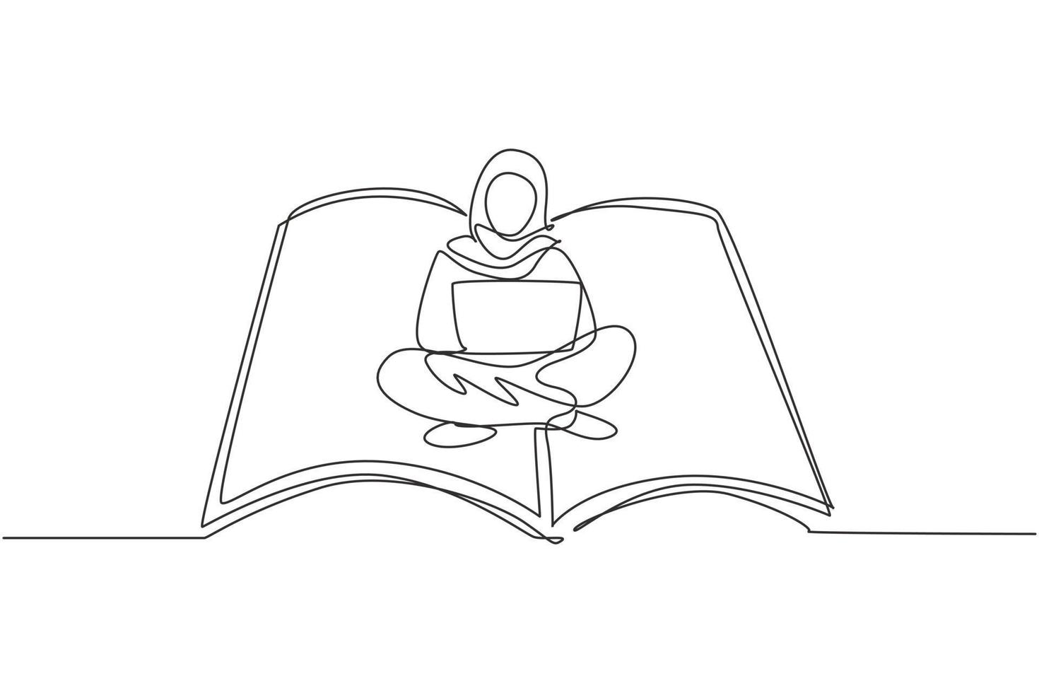 Single continuous line drawing Arabian female with laptop sitting on open big book. Freelance, distance learning, online courses, and studying concept. One line draw graphic design vector illustration