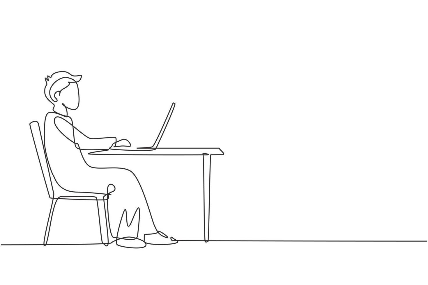 Single one line drawing Arabian boy with laptop sitting on chair around desk. Distance learning, online courses, and studying concept. Modern continuous line draw design graphic vector illustration