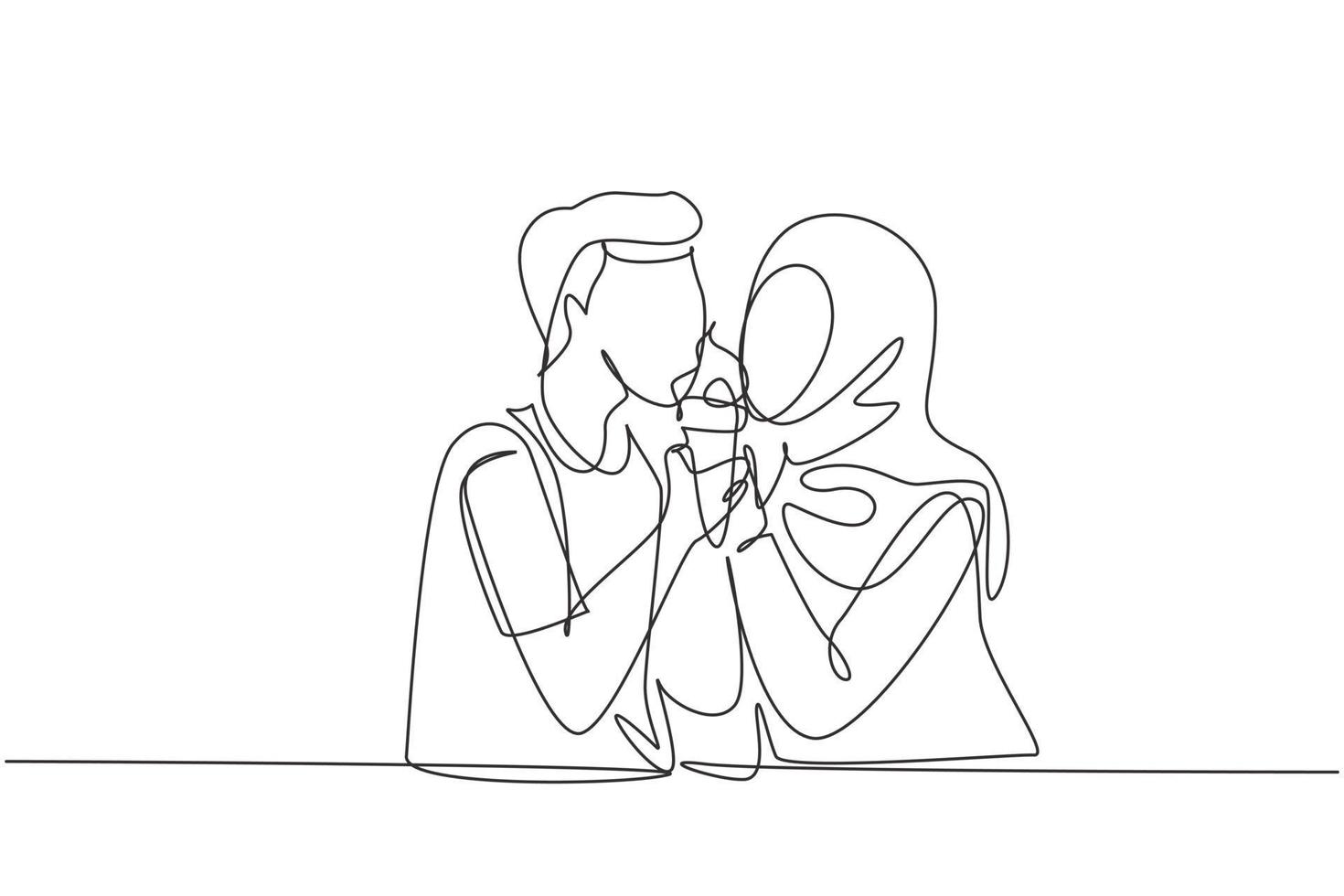 Single one line drawing young Arabian couple sharing ice cream cone. Celebrate anniversaries and enjoy romantic lunch at restaurant. Modern continuous line draw design graphic vector illustration