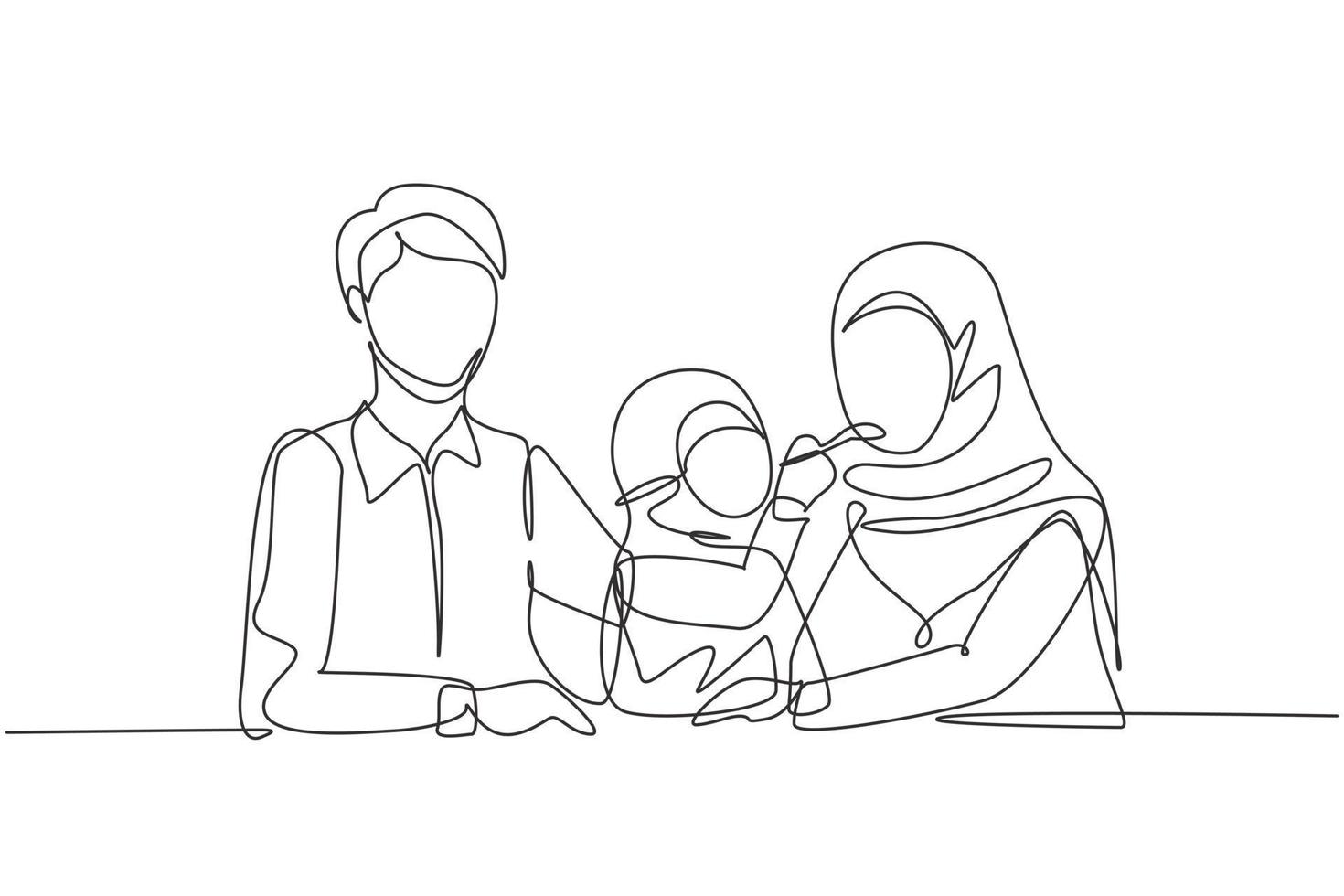 Single continuous line drawing Arab family having fun together in modern restaurant. Daughter feeds her mother with love. Happy little family concept. One line draw graphic design vector illustration