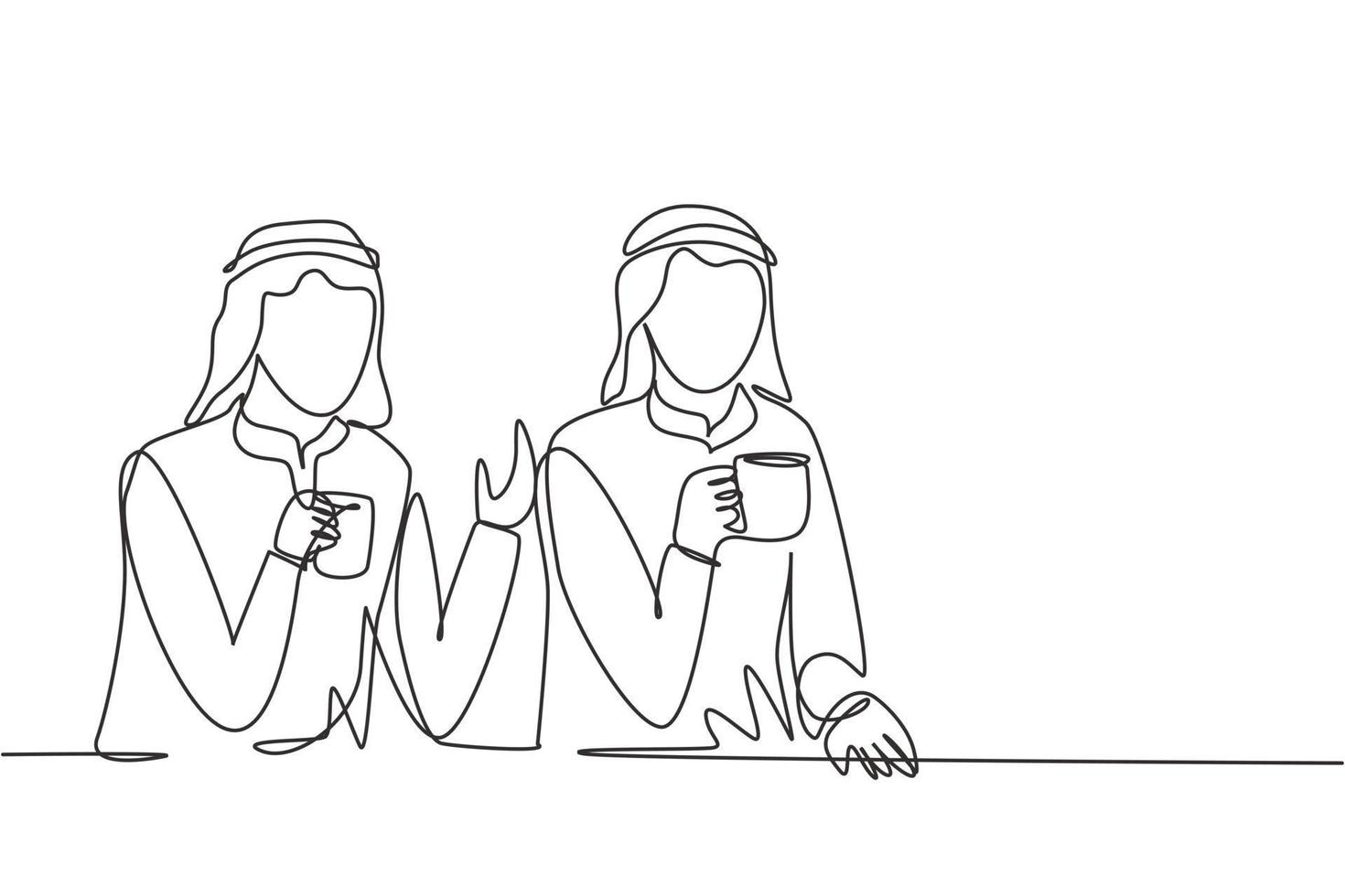 dibujo continuo de una línea dos jóvenes árabes sentados con una taza de café y hablando sobre planes de trabajo en la oficina. concepto de estilo de vida de éxito. Ilustración gráfica de vector de diseño de dibujo de una sola línea