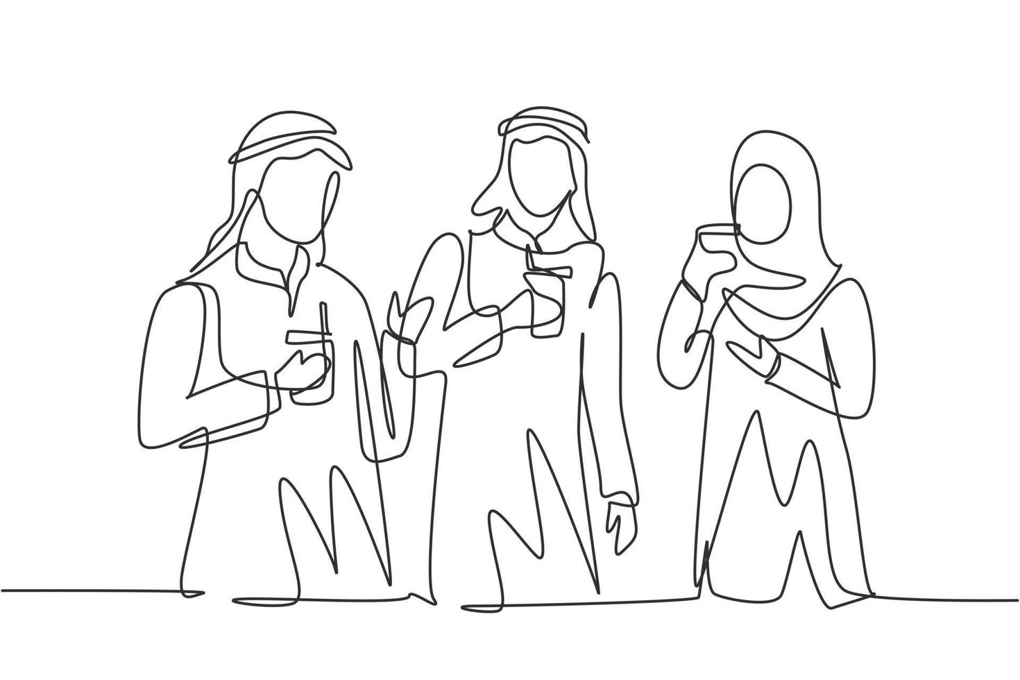 Los adolescentes árabes de dibujo de una sola línea beben refrescos para celebrar su amistad celebrando una fiesta en el parque. feliz momento relajante. Ilustración de vector gráfico de diseño de dibujo de línea continua moderna