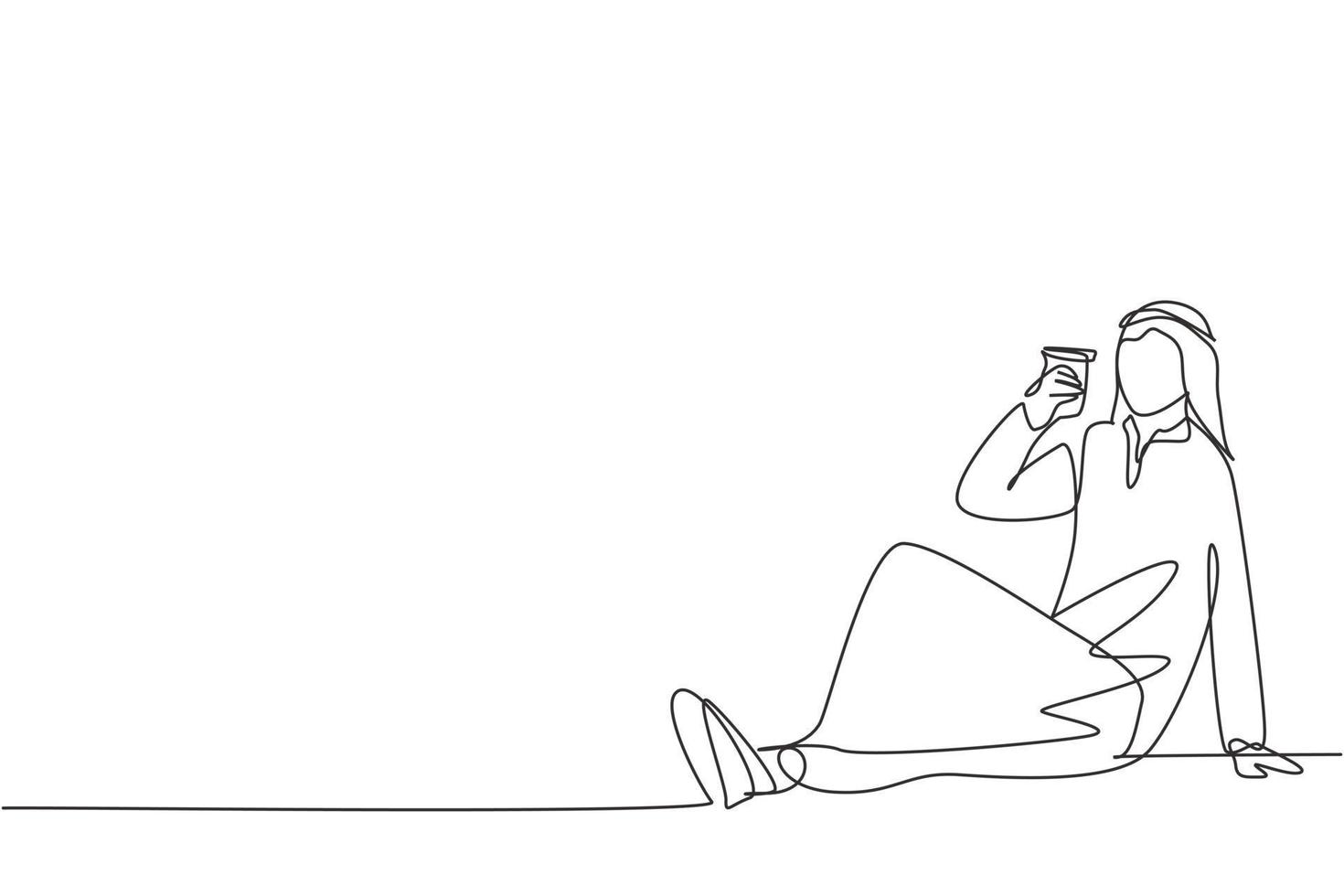 Single one line drawing young Arabian man sitting relaxed in the park enjoying a cup of hot coffee and fresh natural scenery. Happy lifestyle. Continuous line draw design graphic vector illustration