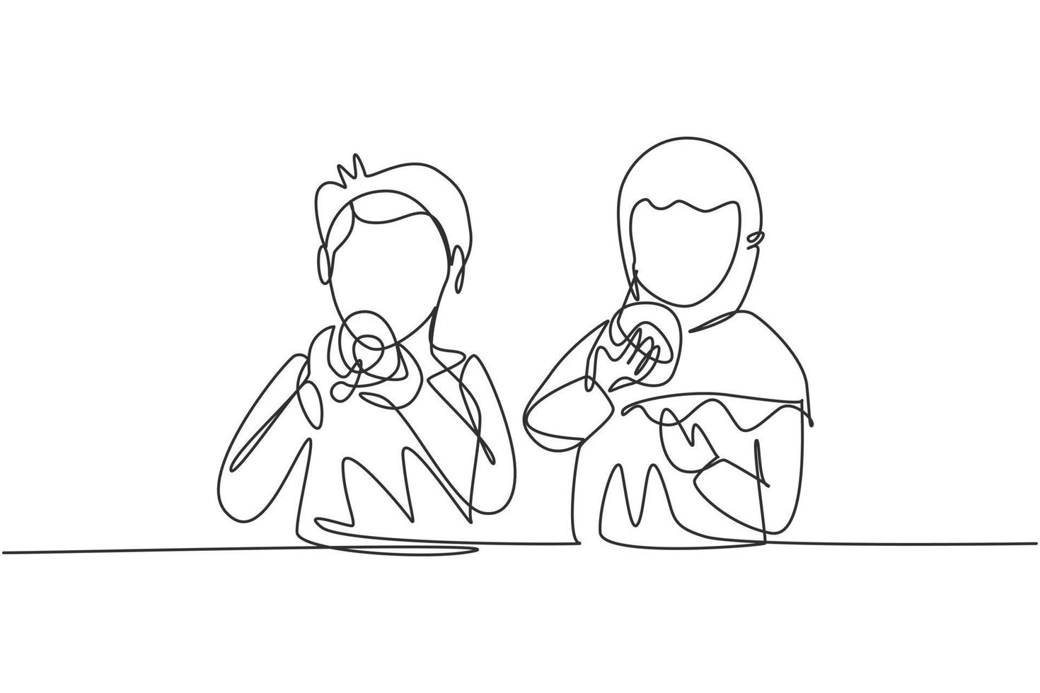 Single one line drawing two Arabian boy and girl having donuts meal with hand around table. Enjoy breakfast at home. Tasty and healthy food. Continuous line draw design graphic vector illustration