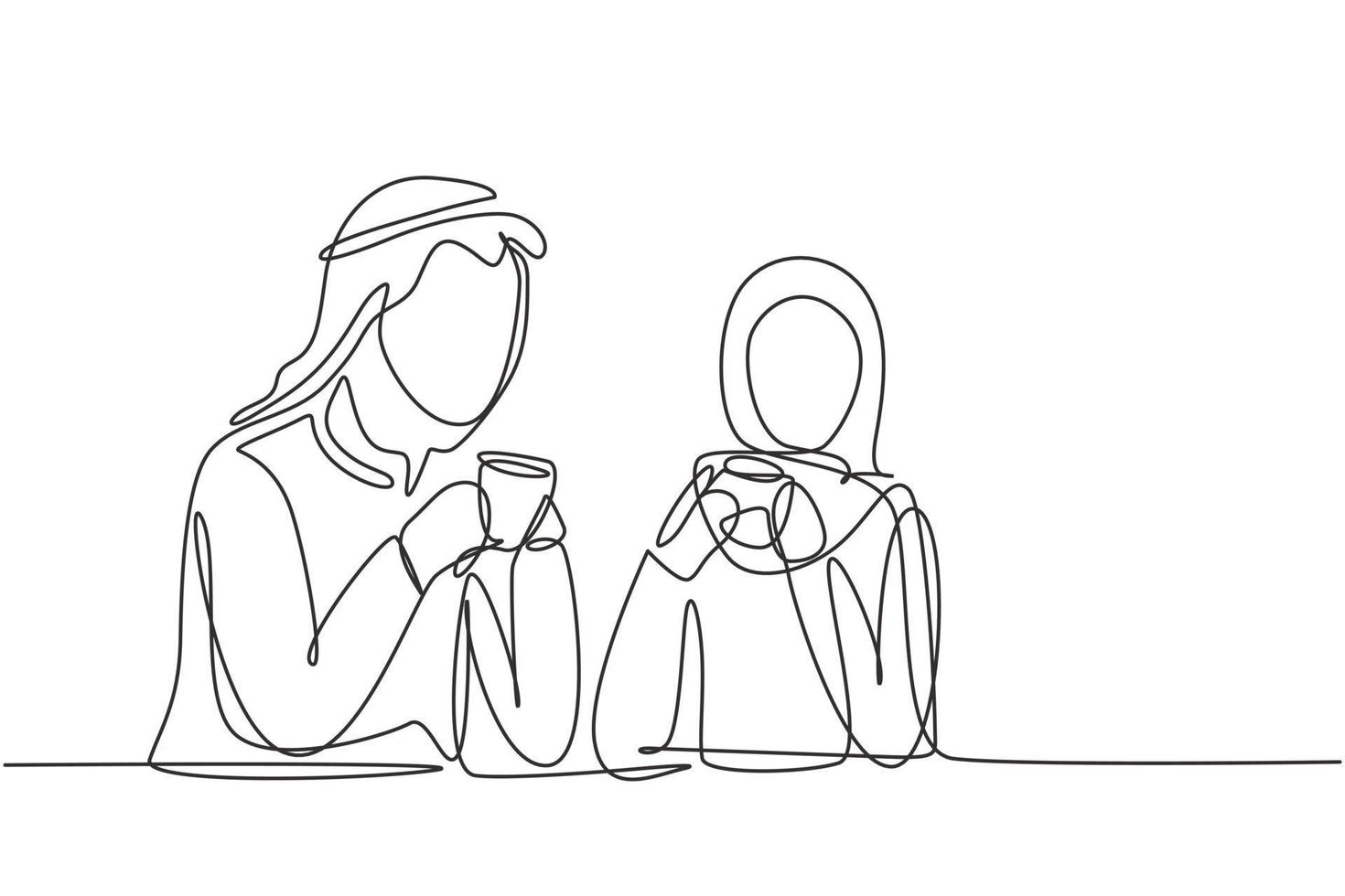 dibujo continuo de una línea romántica pareja árabe sentada disfrutando de una taza de café para disfrutar de la mañana. familia feliz y concepto de vida de éxito. Ilustración gráfica de vector de diseño de dibujo de una sola línea