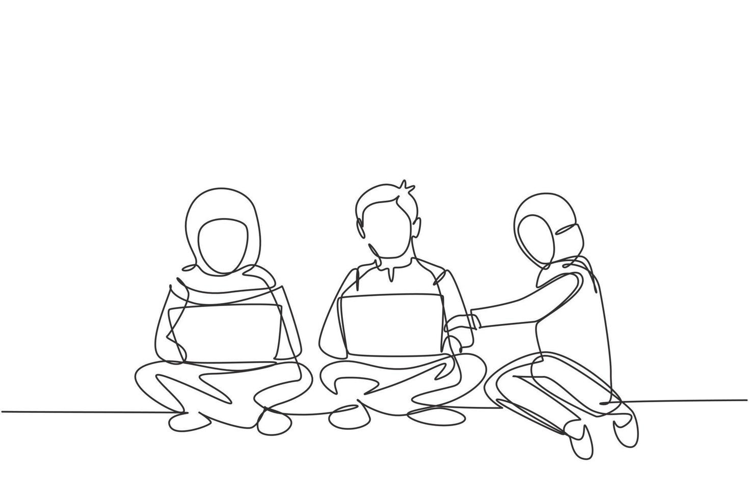 Single continuous line drawing three Arabian students studying with laptop and sitting on the floor together. Back to school, online education concept. One line draw graphic design vector illustration